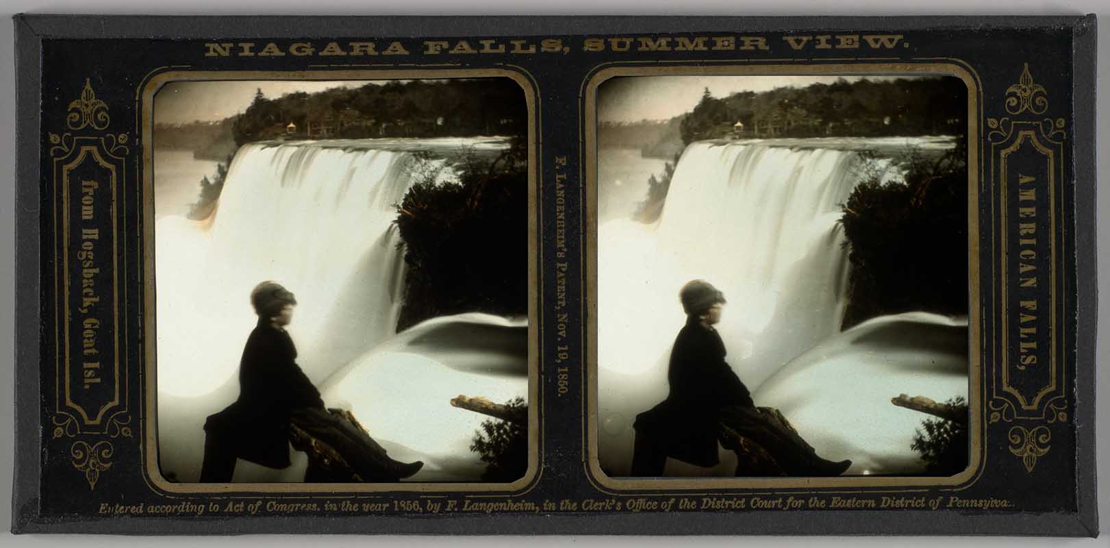 A stereoscopic image shows two views of a woman sitting by Niagara Falls.